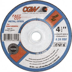 Camel Grinding Wheels - 24 Grit, 6" Wheel Diam, 1/4" Wheel Thickness, Type 27 Depressed Center Wheel - Coarse Grade, Aluminum Oxide, Resinoid Bond, 10,200 Max RPM - Exact Tooling
