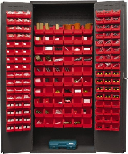 Durham - 156 Bin Storage Cabinet - Steel, 36" Wide x 18" Deep x 84" High, Red - Exact Tooling