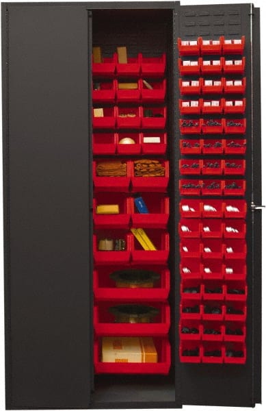 Durham - 138 Bin Storage Cabinet - Steel, 36" Wide x 24" Deep x 84" High, Red - Exact Tooling