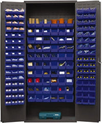 Durham - 156 Bin Storage Cabinet - Steel, 36" Wide x 18" Deep x 84" High, Blue - Exact Tooling