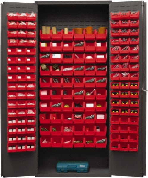 Durham - 156 Bin Storage Cabinet - Steel, 36" Wide x 18" Deep x 84" High, Red - Exact Tooling