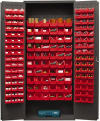 Durham - 156 Bin Storage Cabinet - Steel, 36" Wide x 18" Deep x 84" High, Red - Exact Tooling