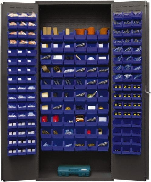Durham - 156 Bin Storage Cabinet - Steel, 36" Wide x 18" Deep x 84" High, Blue - Exact Tooling