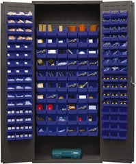 Durham - 156 Bin Storage Cabinet - Steel, 36" Wide x 18" Deep x 84" High, Blue - Exact Tooling