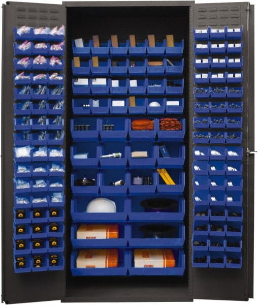 Durham - 138 Bin Storage Cabinet - Steel, 36" Wide x 24" Deep x 84" High, Blue - Exact Tooling