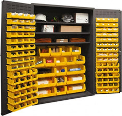 Durham - 3 Shelf 138 Bin Storage Cabinet - Steel, 48" Wide x 24" Deep x 72" High, Yellow - Exact Tooling