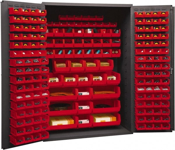 Durham - 186 Bin Storage Cabinet - Steel, 48" Wide x 24" Deep x 72" High, Red - Exact Tooling