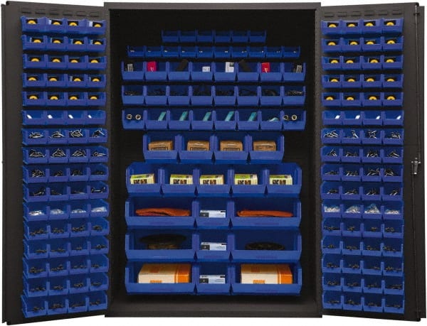 Durham - 186 Bin Storage Cabinet - Steel, 48" Wide x 24" Deep x 72" High, Blue - Exact Tooling