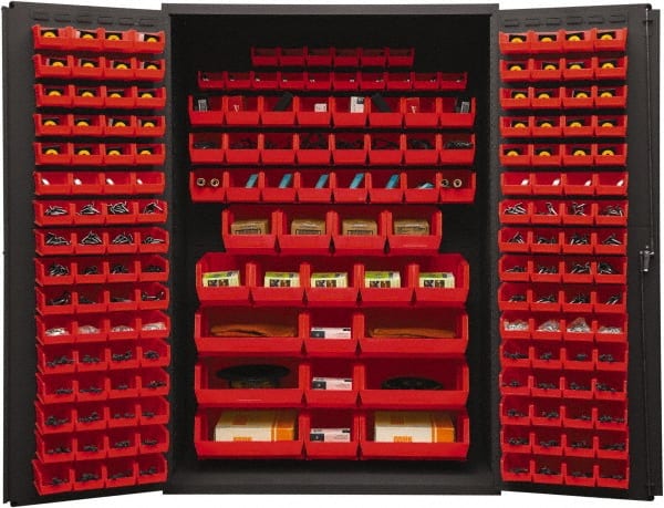 Durham - 186 Bin Storage Cabinet - Steel, 48" Wide x 24" Deep x 72" High, Red - Exact Tooling