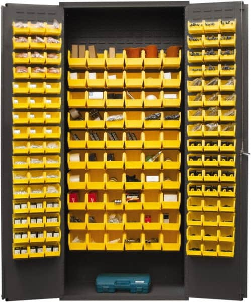 Durham - 156 Bin Storage Cabinet - Steel, 36" Wide x 18" Deep x 84" High, Yellow - Exact Tooling