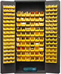Durham - 156 Bin Storage Cabinet - Steel, 36" Wide x 18" Deep x 84" High, Yellow - Exact Tooling