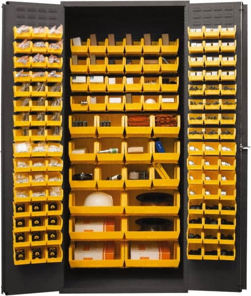 Durham - 138 Bin Storage Cabinet - Steel, 36" Wide x 24" Deep x 84" High, Yellow - Exact Tooling