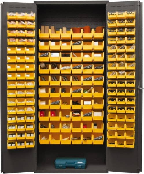 Durham - 156 Bin Storage Cabinet - Steel, 36" Wide x 18" Deep x 84" High, Yellow - Exact Tooling