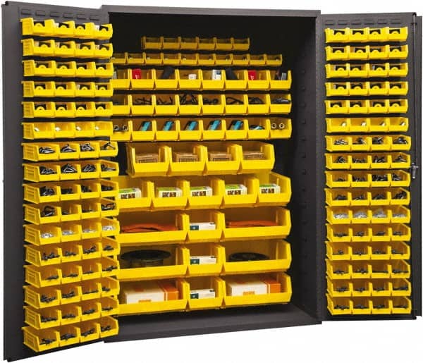 Durham - 186 Bin Storage Cabinet - Steel, 48" Wide x 24" Deep x 72" High, Yellow - Exact Tooling
