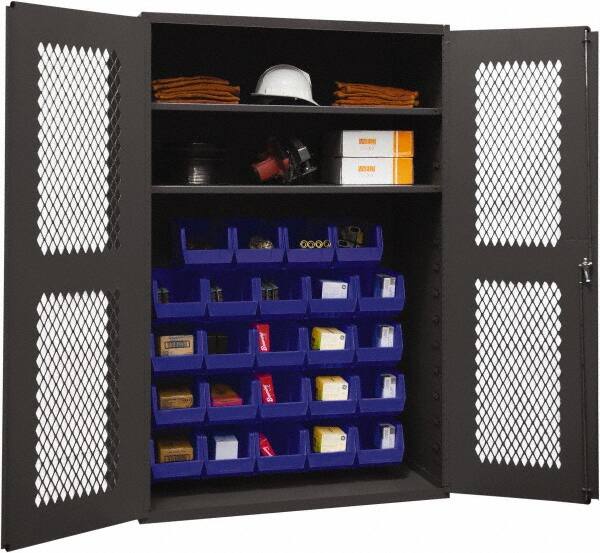 Durham - 2 Shelf 24 Bin Storage Cabinet - Steel, 48" Wide x 18" Deep x 72" High, Blue - Exact Tooling