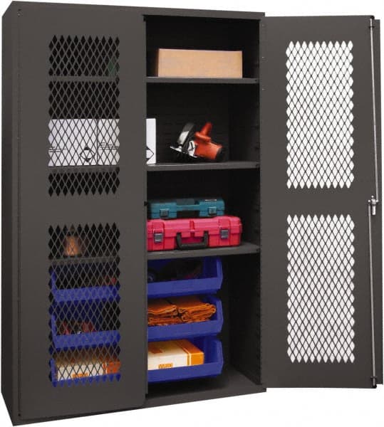Durham - 3 Shelf 6 Bin Storage Cabinet - Steel, 48" Wide x 24" Deep x 72" High, Blue - Exact Tooling