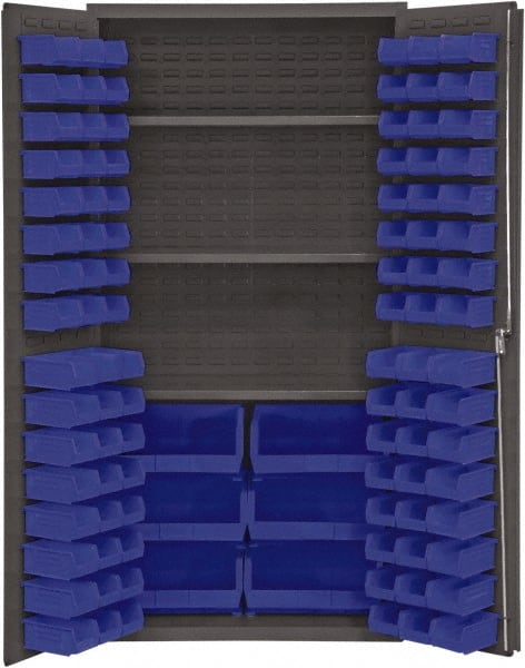 Durham - 3 Shelf 102 Bin Storage Cabinet - Steel, 36" Wide x 24" Deep x 72" High, Blue - Exact Tooling