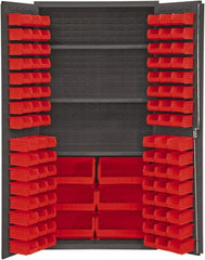 Durham - 3 Shelf 102 Bin Storage Cabinet - Steel, 36" Wide x 24" Deep x 72" High, Red - Exact Tooling