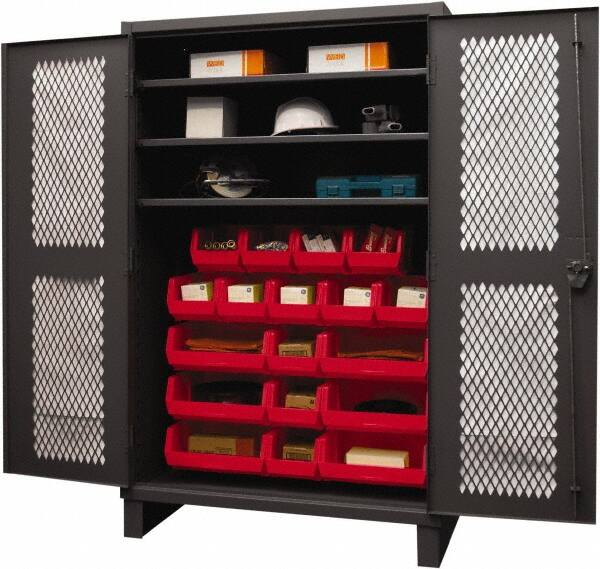 Durham - 3 Shelf 18 Bin Storage Cabinet - Steel, 48" Wide x 24" Deep x 78" High, Red - Exact Tooling