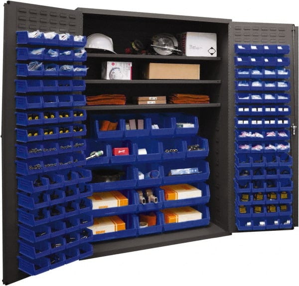 Durham - 3 Shelf 138 Bin Storage Cabinet - Steel, 48" Wide x 24" Deep x 72" High, Blue - Exact Tooling