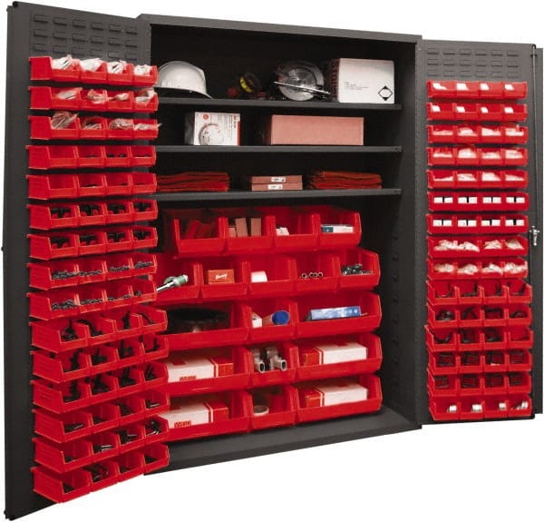 Durham - 3 Shelf 138 Bin Storage Cabinet - Steel, 48" Wide x 24" Deep x 72" High, Red - Exact Tooling