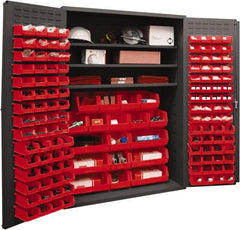 Durham - 3 Shelf 138 Bin Storage Cabinet - Steel, 48" Wide x 24" Deep x 72" High, Red - Exact Tooling