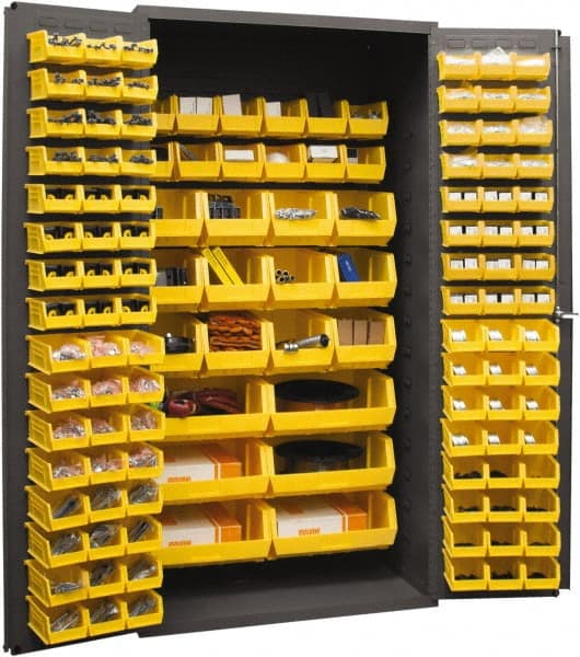 Durham - 126 Bin Storage Cabinet - Steel, 36" Wide x 24" Deep x 72" High, Yellow - Exact Tooling