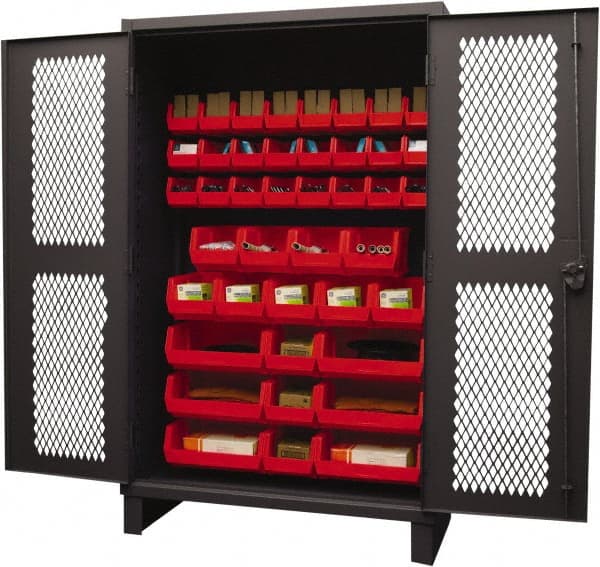 Durham - 42 Bin Storage Cabinet - Steel, 48" Wide x 24" Deep x 78" High, Red - Exact Tooling