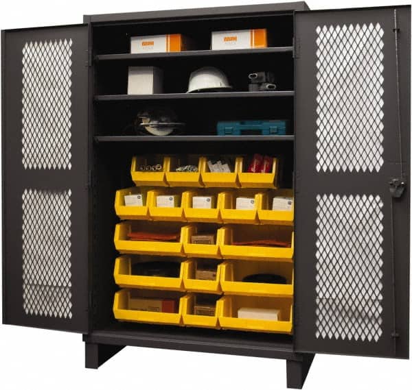 Durham - 3 Shelf 18 Bin Storage Cabinet - Steel, 48" Wide x 24" Deep x 78" High, Yellow - Exact Tooling