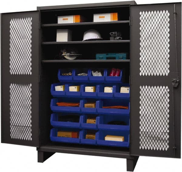Durham - 3 Shelf 18 Bin Storage Cabinet - Steel, 48" Wide x 24" Deep x 78" High, Blue - Exact Tooling