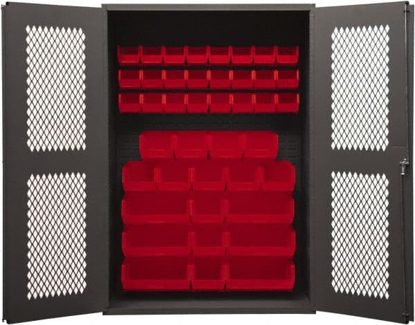Durham - 42 Bin Storage Cabinet - Steel, 48" Wide x 24" Deep x 72" High, Red - Exact Tooling