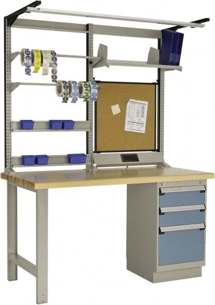 Rousseau Metal - 3 Drawer, 2 Shelf Workstation - 2,750 Lb Capacity, Wood Top, Everest Blue, 60" Wide x 80" High x 30" Long - Exact Tooling