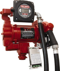 Tuthill - 27 GPM, 1" Hose Diam, Gasoline, Kerosene & Diesel Fuel AC High Flow Tank Pump with Automatic Nozzle & 900D Meter - Cast Iron Pump, 1-1/4" Inlet, 1" Outlet, 115/230 Volts, 18' Hose Length, 3/4 hp - Exact Tooling