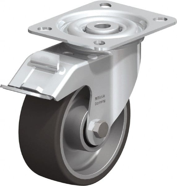 Blickle - 4" Diam x 1-9/16" Wide x 4-59/64" OAH Top Plate Mount Swivel Caster with Brake - Polyurethane-Elastomer, 220 Lb Capacity, Plain Bore Bearing, 3-15/16 x 3-3/8" Plate - Exact Tooling