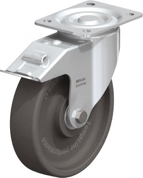 Blickle - 8" Diam x 2" Wide x 9-1/4" OAH Top Plate Mount Swivel Caster with Brake - Heat-Resistant Nylon, 770 Lb Capacity, Ball Bearing, 5-1/2 x 4-3/8" Plate - Exact Tooling