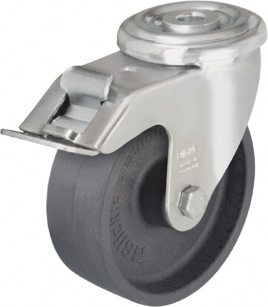 Blickle - 5" Diam x 1-3/16" Wide x 5-7/8" OAH Hollow Kingpin Mount Swivel Caster with Brake - Heat-Resistant Nylon, 330 Lb Capacity, Plain Bore Bearing, Hollow Kingpin Stem - Exact Tooling