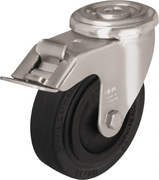 Blickle - 4" Diam x 1-3/16" Wide x 4-59/64" OAH Hollow Kingpin Mount Swivel Caster with Brake - Heat-Resistant Solid Rubber, 220 Lb Capacity, Plain Bore Bearing, Hollow Kingpin Stem - Exact Tooling