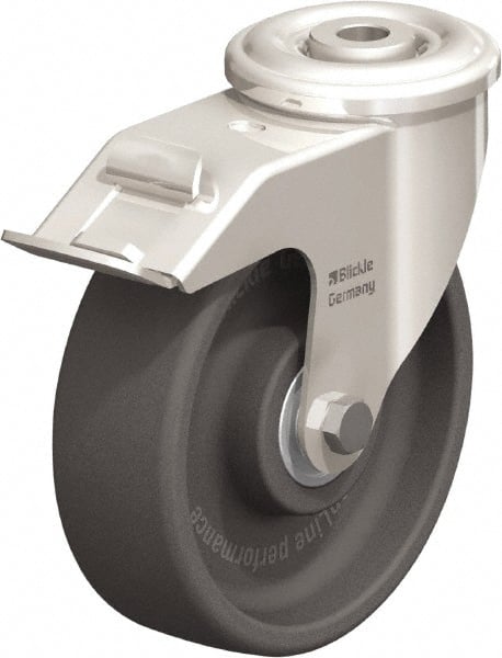 Blickle - 5" Diam x 1-9/16" Wide x 5-7/8" OAH Hollow Kingpin Mount Swivel Caster with Brake - Heat-Resistant Nylon, 330 Lb Capacity, Ball Bearing, Hollow Kingpin Stem - Exact Tooling