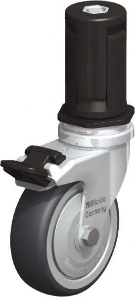 Blickle - 3" Diam x 63/64" Wide x 4" OAH Stem Mount Swivel Caster with Brake - Rubber Elastomer (TPE), 165 Lb Capacity, Ball Bearing, Round Stem - Exact Tooling