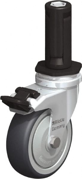 Blickle - 3" Diam x 63/64" Wide x 4" OAH Stem Mount Swivel Caster with Brake - Rubber Elastomer (TPE), 165 Lb Capacity, Ball Bearing, Round Stem - Exact Tooling
