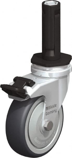 Blickle - 3" Diam x 63/64" Wide x 4" OAH Stem Mount Swivel Caster with Brake - Rubber Elastomer (TPE), 165 Lb Capacity, Ball Bearing, Round Stem - Exact Tooling