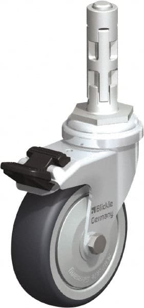 Blickle - 3" Diam x 63/64" Wide x 4" OAH Metal Expander Mount Swivel Caster with Brake - Rubber Elastomer (TPE), 165 Lb Capacity, Ball Bearing, Metal Expander Stem - Exact Tooling