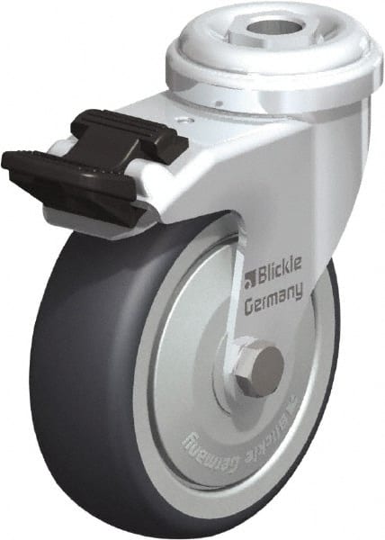 Blickle - 3" Diam x 63/64" Wide x 3-27/32" OAH Hollow Kingpin Mount Swivel Caster with Brake - Rubber Elastomer (TPE), 165 Lb Capacity, Ball Bearing, Hollow Kingpin Stem - Exact Tooling