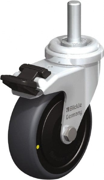 Blickle - 3" Diam x 63/64" Wide x 3-27/32" OAH Stem Mount Swivel Caster with Brake - Rubber Elastomer (TPE), 110 Lb Capacity, Ball Bearing, 3/8 x 1-13/16" Threaded Stem - Exact Tooling