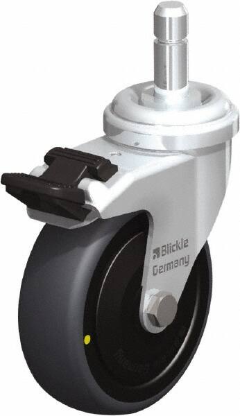 Blickle - 3" Diam x 63/64" Wide x 3-27/32" OAH Stem Mount Swivel Caster with Brake - Rubber Elastomer (TPE), 110 Lb Capacity, Ball Bearing, Friction Stem - Exact Tooling