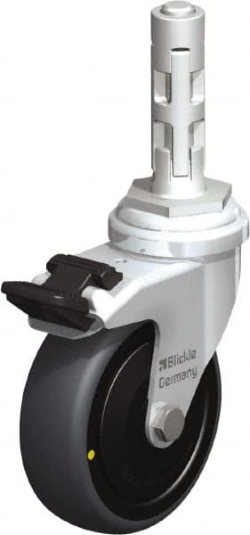 Blickle - 3" Diam x 63/64" Wide x 4" OAH Metal Expander Mount Swivel Caster with Brake - Rubber Elastomer (TPE), 110 Lb Capacity, Ball Bearing, Metal Expander Stem - Exact Tooling