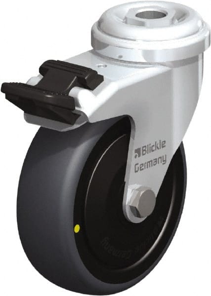 Blickle - 3" Diam x 63/64" Wide x 3-27/32" OAH Hollow Kingpin Mount Swivel Caster with Brake - Rubber Elastomer (TPE), 110 Lb Capacity, Ball Bearing, Hollow Kingpin Stem - Exact Tooling