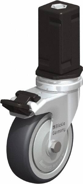 Blickle - 3" Diam x 63/64" Wide x 4" OAH Stem Mount Swivel Caster with Brake - Rubber Elastomer (TPE), 165 Lb Capacity, Ball Bearing, Square Stem - Exact Tooling