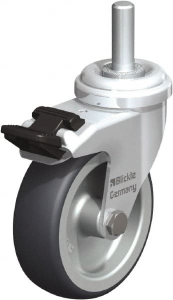 Blickle - 3" Diam x 63/64" Wide x 3-27/32" OAH Stem Mount Swivel Caster with Brake - Rubber Elastomer (TPE), 165 Lb Capacity, Plain Bore Bearing, 3/8" Threaded Stem - Exact Tooling