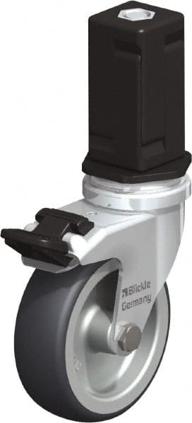 Blickle - 3" Diam x 63/64" Wide x 4" OAH Stem Mount Swivel Caster with Brake - Rubber Elastomer (TPE), 165 Lb Capacity, Plain Bore Bearing, Square Stem - Exact Tooling